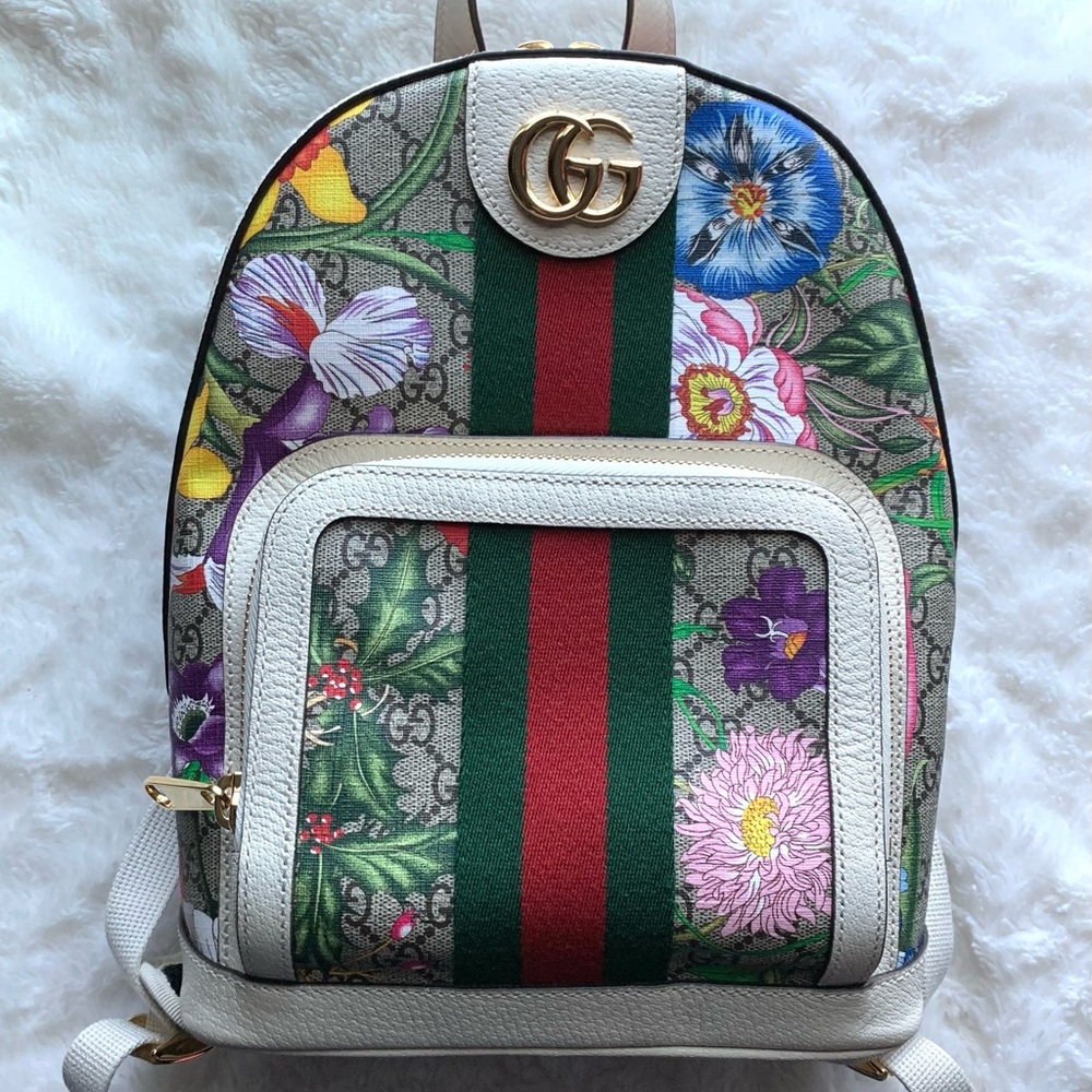 GUCCI GG SUPREME MONOGRAM FLORA WEB SMALL OPHIDIA DAY BACKPACK WHITE